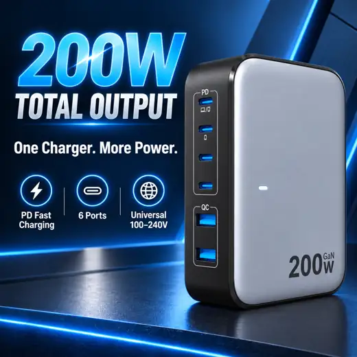 200W GaN Desktop Fast Charger with 2 USB-A & 3 USB-C Ports for MacBook