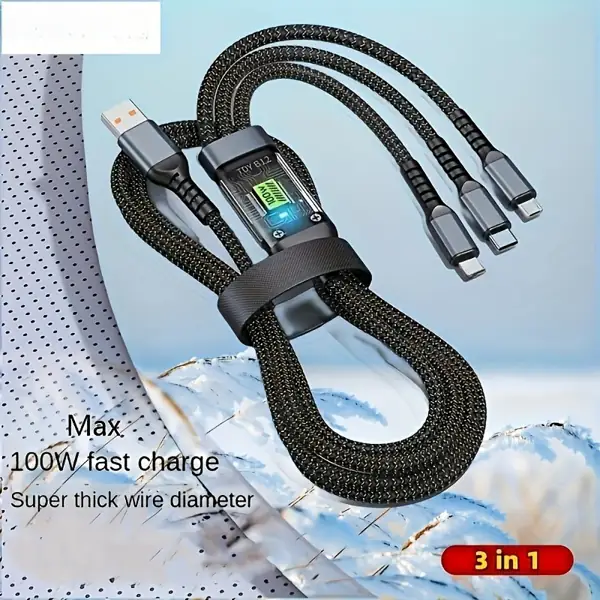 3-in-1 Nylon Braided Fast Charging Cable, Up to 100W for USB-C & iPhone