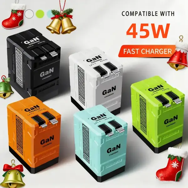 45W GaN Wall Charger with Retractable 31.5in USB-C & Lightning Cables