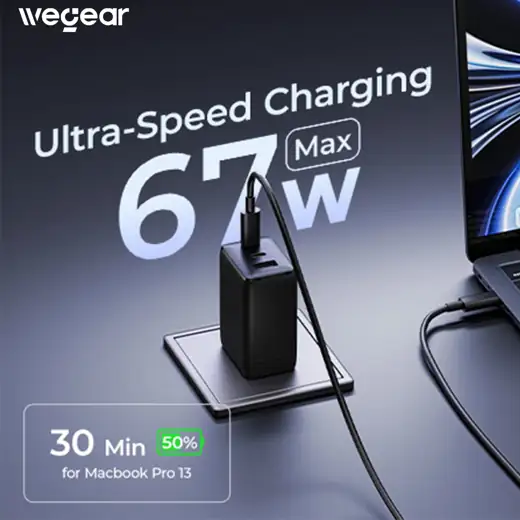 67W 3-Port GaN USB-C Fast Charger with Foldable Plug for MacBook & Galaxy