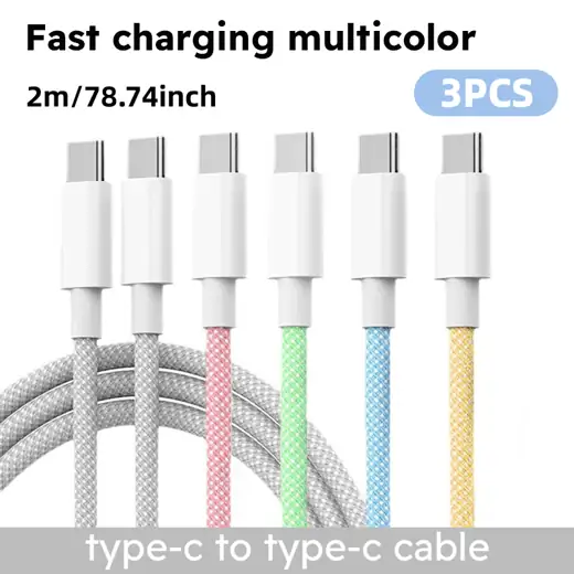 60W Nylon Braided USB-C Charging Cable, 2m, 3-Pack for Phones, Laptops & Tablets