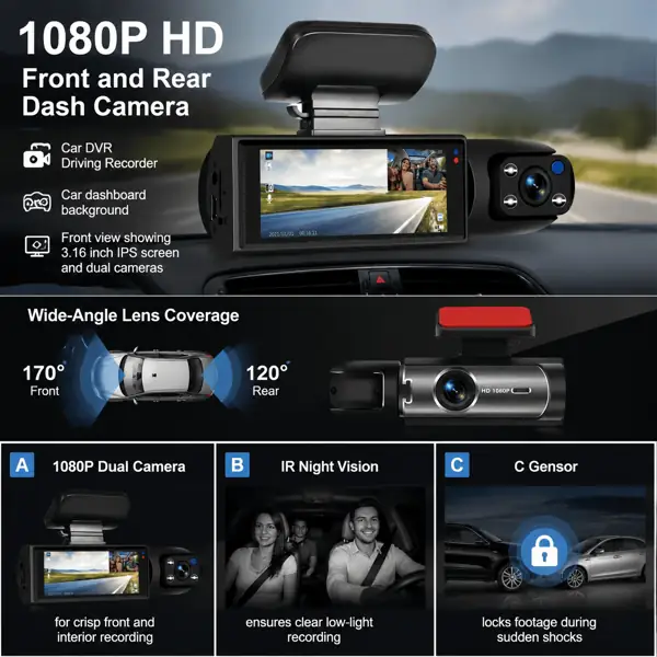 1080p Front & Rear Dash Cam with Night Vision, 3.5-Inch Screen & 64GB Support