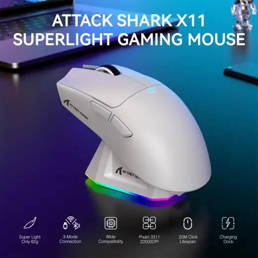 Attack Shark Wireless Gaming Mouse with 22,000 DPI Optical Sensor & RGB, 59g
