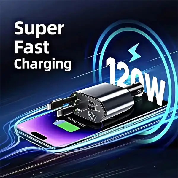 4-in-1 120W Retractable Car Charger with USB-C & Lightning Cables