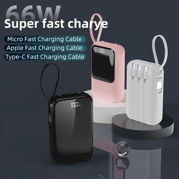 10,000mAh Power Bank with Built-in Cable and Wireless Charging