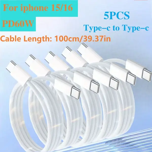 60W USB-C to USB-C Braided Fast Charging Cables, 5-Pack, 1m Each